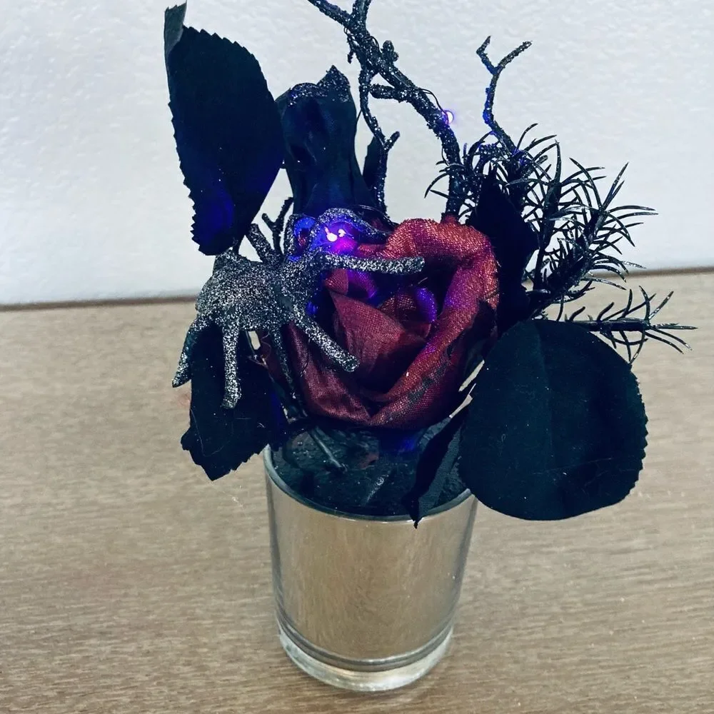 Halloween Goth Black Rose Lighted Faux Floral Decor Centerpiece